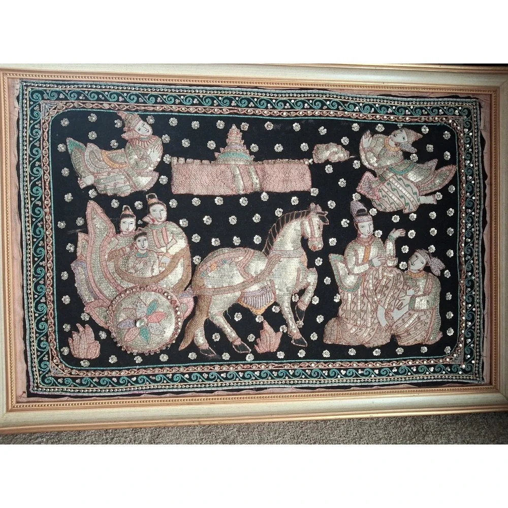 Vintage Thai Burma Myanmar Kalaga Tapestry Ramayana - Koi Sequins